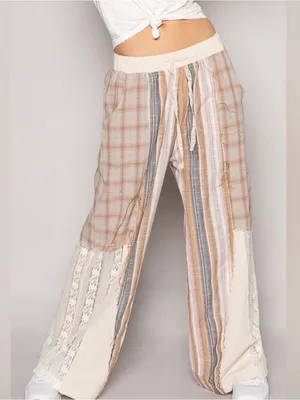POL NEW relaxed fit patchwork cotton pants plaid, stripes, lace detail medium thumbnail 11
