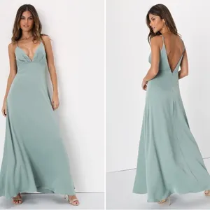 LULU's Bridesmaid Prom Wedding Sexy Open Back Satin Sage Green Maxi Dress thumbnail 3