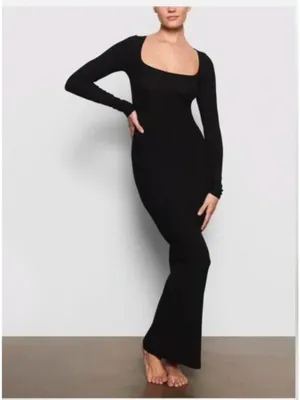 SKIMS Soft Lounge Long Sleeve Ribbed Maxi Dress Black‎ Onyx thumbnail 9