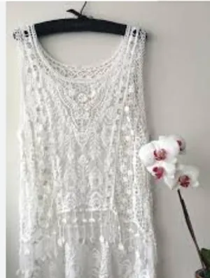 White Crochet Cover-Up Tunic Dress for Women Size Medium -large Super Cute thumbnail 2