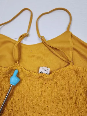 Cotton Women’s Yellow Eyelet Knee Lenght Dress Smocked Back Size M thumbnail 7
