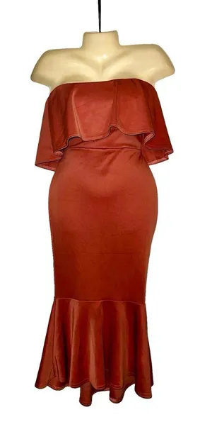 Boohoo Strapless Ruffle Mermaid Dress in Rust thumbnail 1