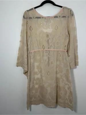 Free People Cream Floral Lace Tunic Dress Size Medium Pink Trim Zip Front Boho thumbnail 3