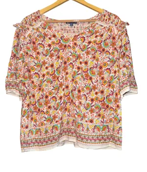 Democracy Boho Hippie Smocked Top Women's Large Floral Ruffle Vacation‎ Beach thumbnail 1