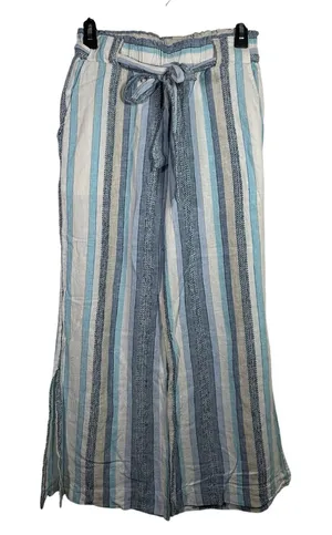 Indigo‎ Rein Blue Striped Linen Blend Wide Leg Paperbag Waist Pants Womens Small thumbnail 1