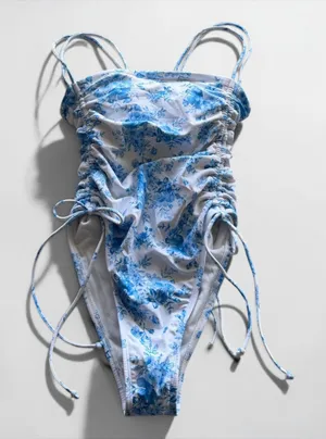 Wild Fable Blue Floral Ruched One‎ Piece Swimsuit XS NWT thumbnail 1