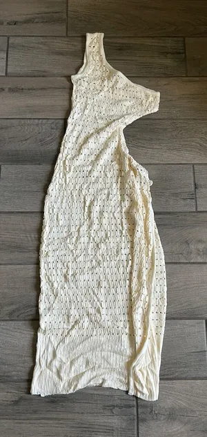 Asymmetric One-Shoulder Knit Dress in Cream thumbnail 1