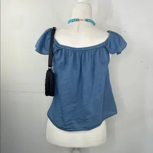 Madewell Chambray Blue Off-Shoulder Top peasant style 100% Cotton size Small thumbnail 3