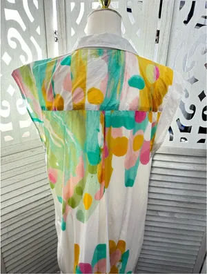 Maeve Sleeveless White Button-Front Dress with Multicolor Watercolor Print size Large thumbnail 8