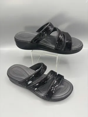 Crocs Boca Strappy Wedge Sandal Womens Black 6 Sequin Slip On Open Toe Comfort thumbnail 2