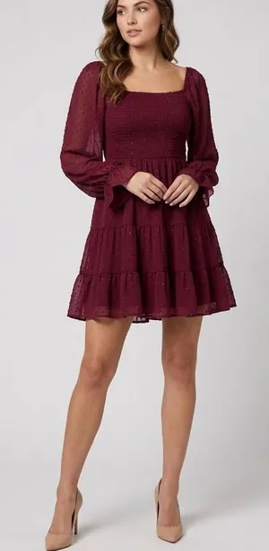 Altar’d State Shimmer Textured Smocked Tiered Long Sleeve Dress Size S thumbnail 1