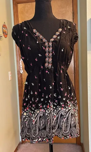 Free People black floral and paisley print tunic dress beaded embroidered size L thumbnail 1