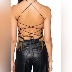 AKIRA Chain Detail Gold and Black Butterfly Beaded Strappy Top Size M / L thumbnail 3