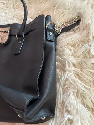 Michael Kors Hamilton Large Saffiano Leather Tote Bag Black Silver Hardware thumbnail 4