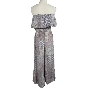 ILLA ILLA Patchwork Jumpsuit Womens L Blue Boho Off Shoulder Wide Leg Rayon thumbnail 4