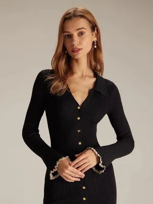 RIHOAS The Black V Neck Contrast Trim Knit Mini Dress XS thumbnail 5