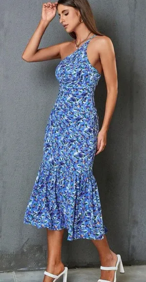 Stretchy Side Cutout Midi Maxi Floral Small Blue Summer Dress thumbnail 2