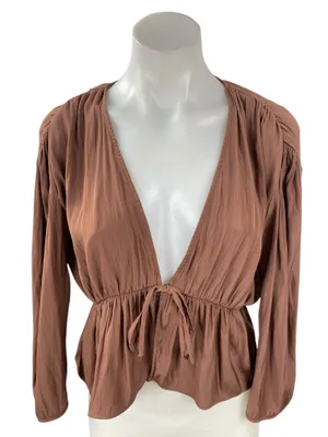 Aritzia Wilfred Shanina Womens Brown Deep V Neck Long Sleeve Tie Blouse Top Sz S thumbnail 1