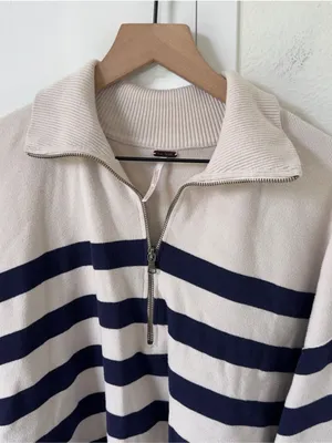 Free People Coastal Stripe Pullover in Champagne Navy - Blue Combo - Small thumbnail 6