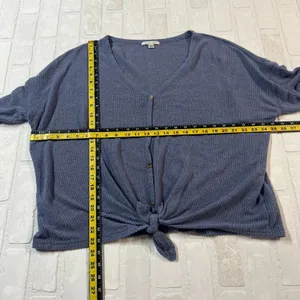 American Eagle Top Womens XL‎ Blue Knit Tie Front Button Up Long Sleeve V-Neck thumbnail 2