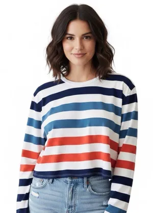 PacSun Retro Stripe Crop Top Long Sleeve White M 70s Blue Green Rust thumbnail 1