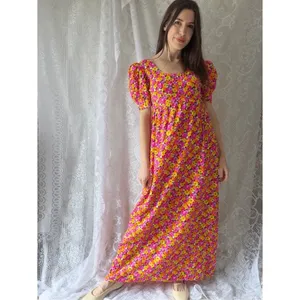 Vintage 70s Handmade Floral Puff Sleeve Maxi Dress Empire Waist Cottagecore thumbnail 5