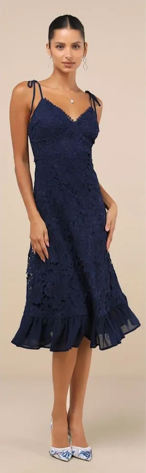 Lulus Compelling Sweetness Navy Blue Lace Tie-Strap Midi Dress Size Small Formal thumbnail 1
