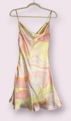 Olia Orange Pink Yellow Swirl Cowl Neck Satin Mini Dress Size XS thumbnail 1