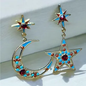 NEW Mismatched Moon & Star Dangle Stud Earrings Gold thumbnail 4