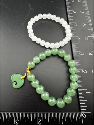 Set of Two Green and White Beaded Bracelets with Green Charm thumbnail 2