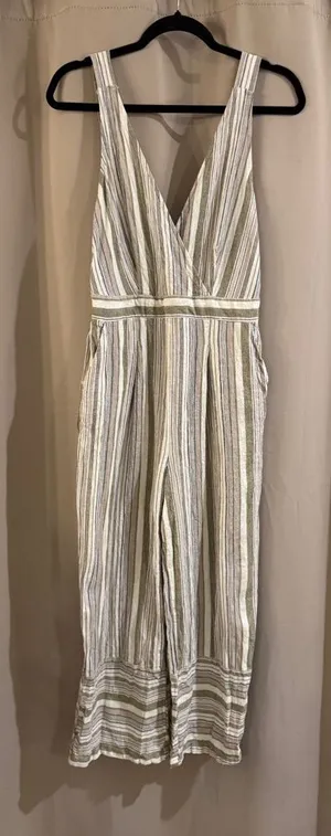 Altar'd State Olive and Cream Striped Jumpsuit with pockets thumbnail 1