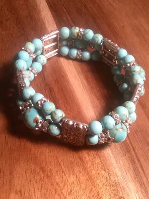 Blue Howlite Three Row Beaded Silvertone Stretch Bracelet thumbnail 10