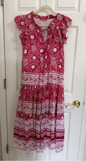 Oliphant Tuckernuck Jaipur Pink Rose Ruffle Bohemian Boho Maxi Dress Flowy thumbnail 1