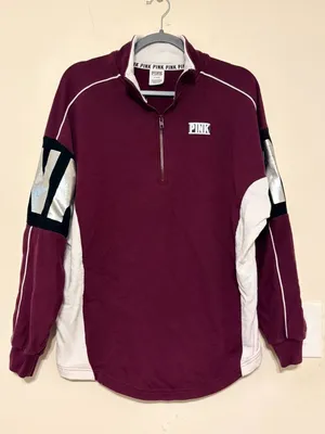 VS PINK Victoria's Secret Maroon/White Logo Quarter Zip Pullover Size Medium thumbnail 1