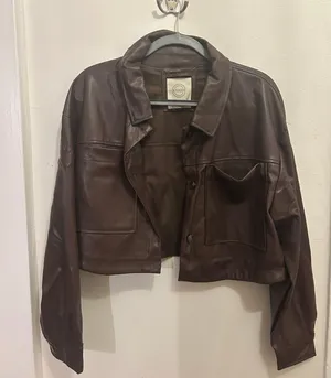 Stoosh Brown Leather Cropped Shacket thumbnail 1