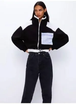 ZARA Contrast Pocket Fleece Jacket Black White Leopard Size M thumbnail 1