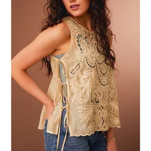 GIMMICKS by BKE Birch Tan Embroidery Lace Side Tie Boho Western Tank Top sz Large NEW thumbnail 4