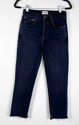 Agolde Riley‎ Crop High Rise Straight Leg Jeans Washed Black Raw Hem 26 thumbnail 1