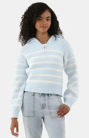 NO BOUNDARIES Half Zip Mock Neck Striped Sweater In Blue thumbnail 1