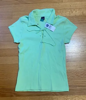 Gap 2003 Retro Collared Shirt String Closure Light Green Women's Medium thumbnail 1