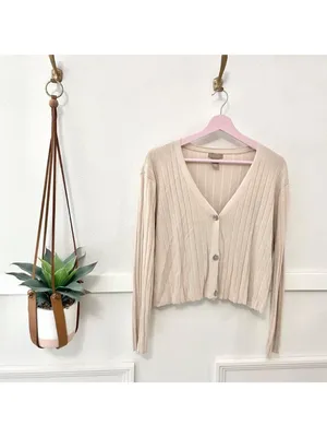 H&M Rib Knit Tan Cardigan Size M Long Sleeve Relaxed thumbnail 2