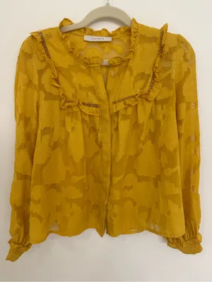 Anthropologie Flate White Women's Mustard Ruffle Blouse women Size medium thumbnail 1