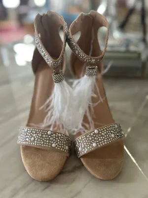 Nude & Crystal White Feather Tassel Ankle Strap Stiletto Sandal Heel Bridal thumbnail 1