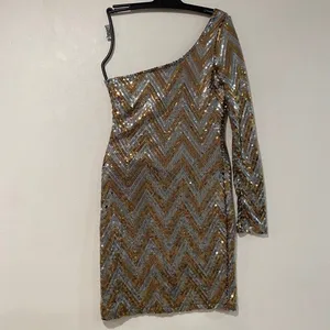 Lovers + Friends Size S Sequin One Shoulder Mini Dress Gold Silver Party thumbnail 3