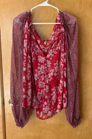 Free People Blouse Women Medium Red Floral Sheer Tassel Balloon Sleeve Top thumbnail 1