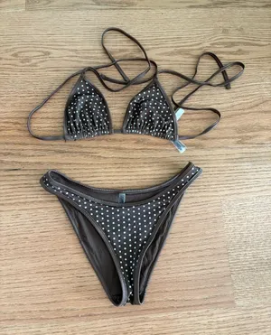 Frankie's Bikinis Brown Polka Dot Triangle Bikini thumbnail 1