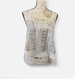 ✨ Charlotte Russe Sequin Cami Top Geometric Beaded Crop Tank White XS ✨💋💋 thumbnail 2