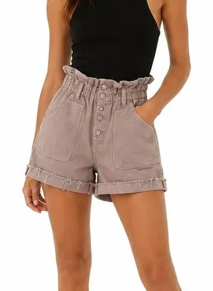 Zara Paperbag Waist Solid Denim Shorts Mauve High Rise Button Fly Raw Hem Size 6 thumbnail 1