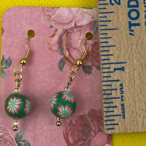 Green And Pink Flower Gold Plated Pierced Earrings thumbnail 3