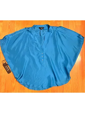 Bebe Women's Turkish Tile Blue Silk V-Neck Blouse with Button Detail, Size M thumbnail 6